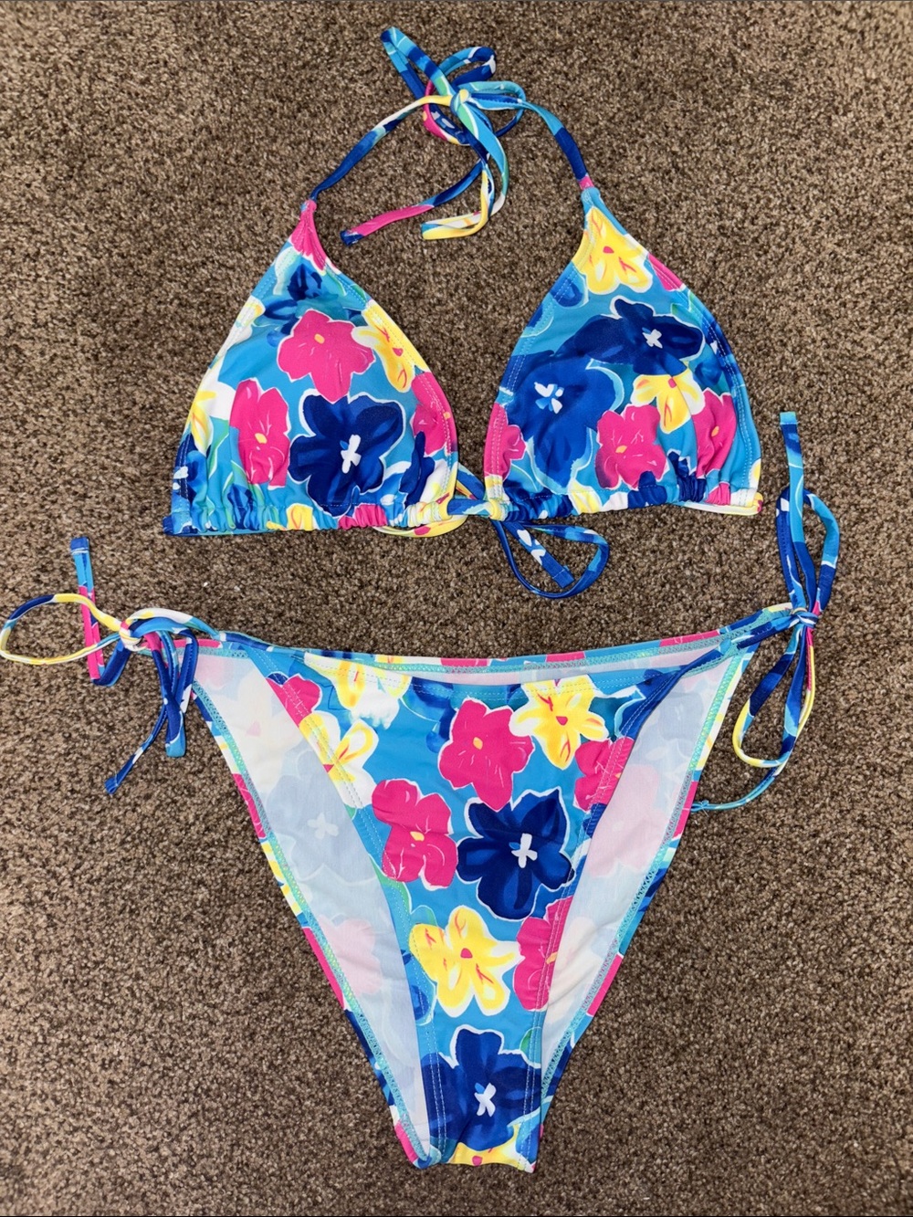 Never worn Amazon Blue Floral Tie-Side Bikini with Pink & Yellow Accents